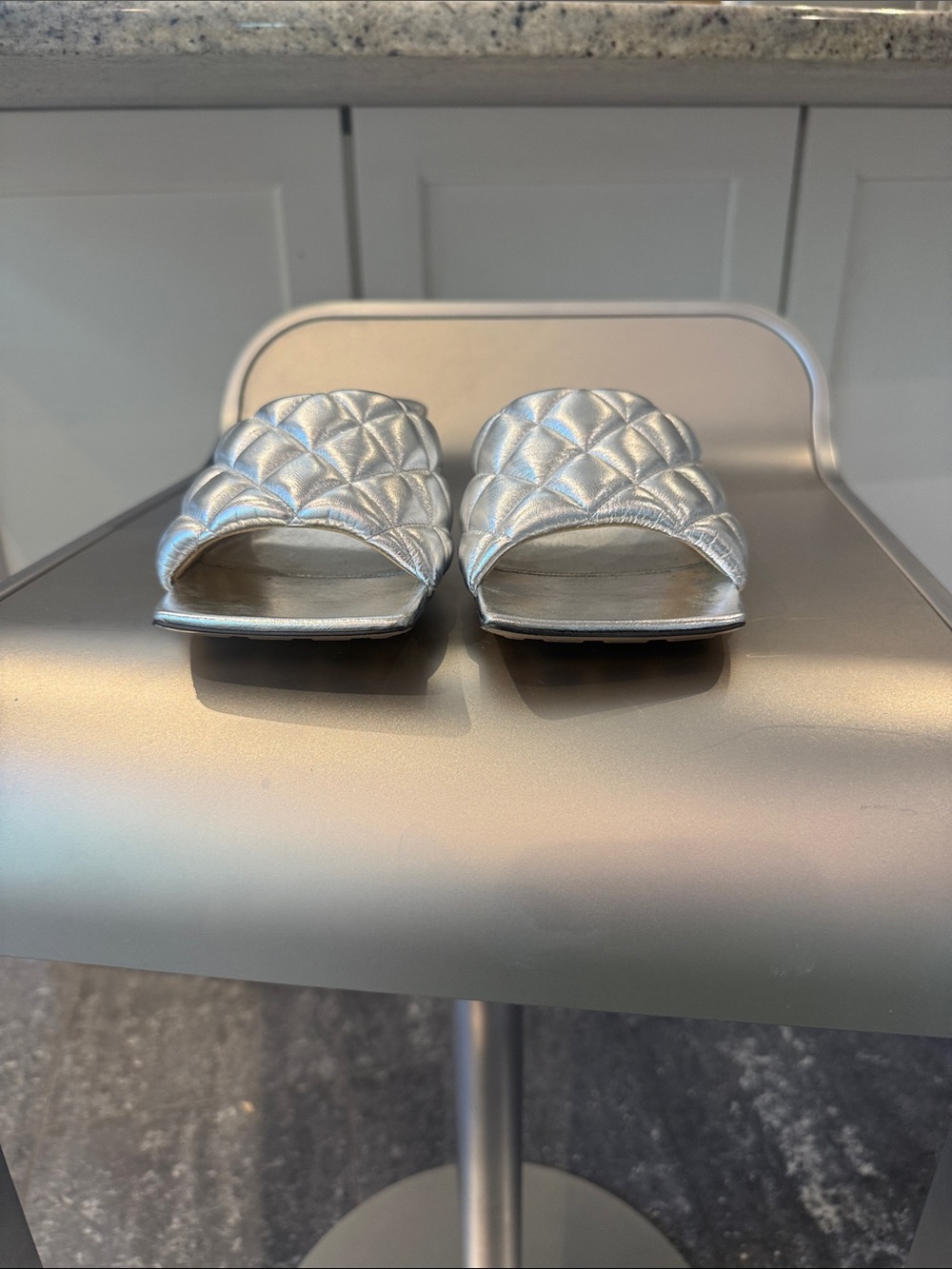 Bottega Veneta Quilted Padded Metallic Silver Slide 1 1/2” kitten heel - Picture 2 of 11